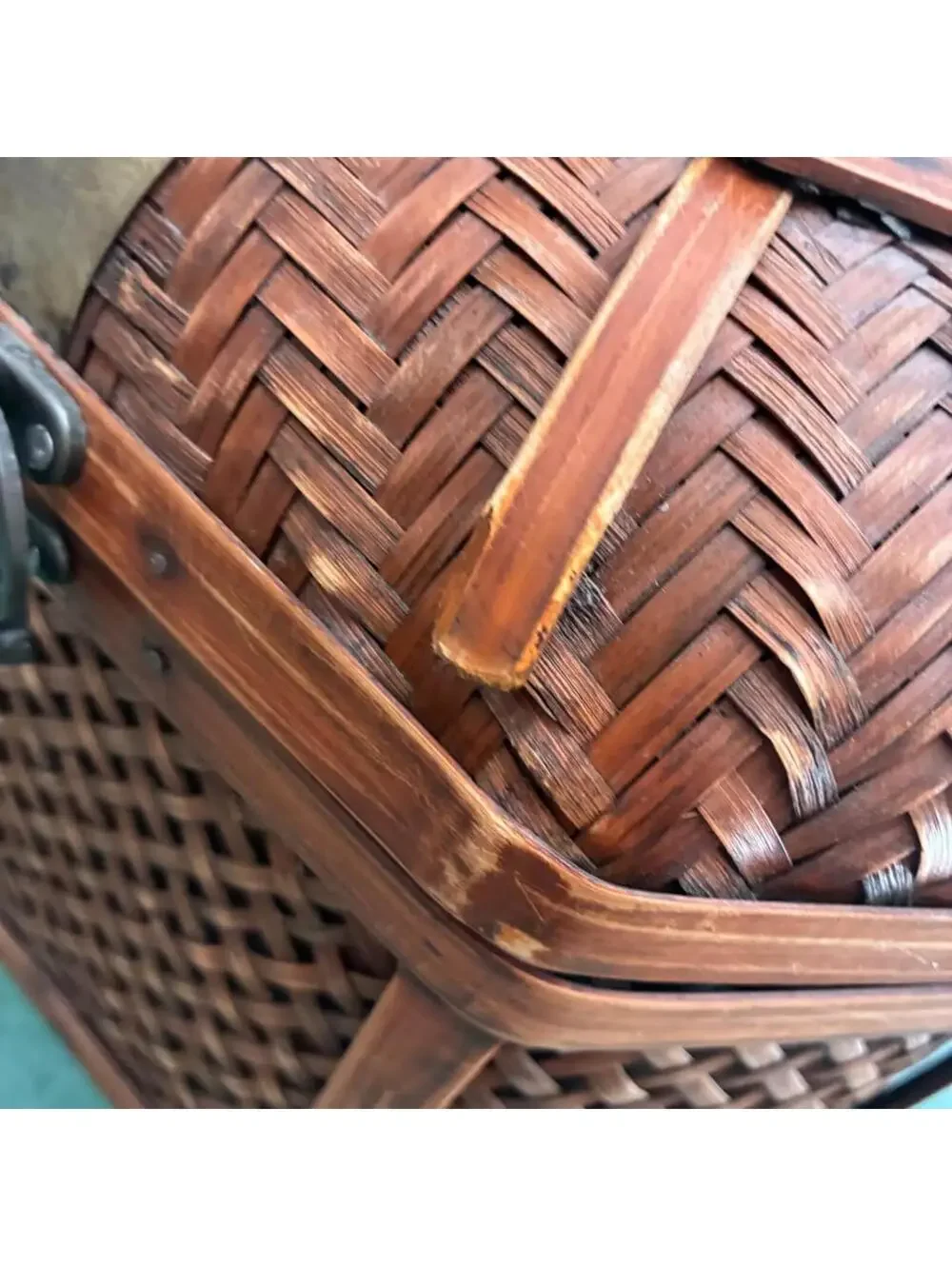 Vintage Octagonal Woven Bamboo Storage Box Basket Chest Brass Latch Asian Decor